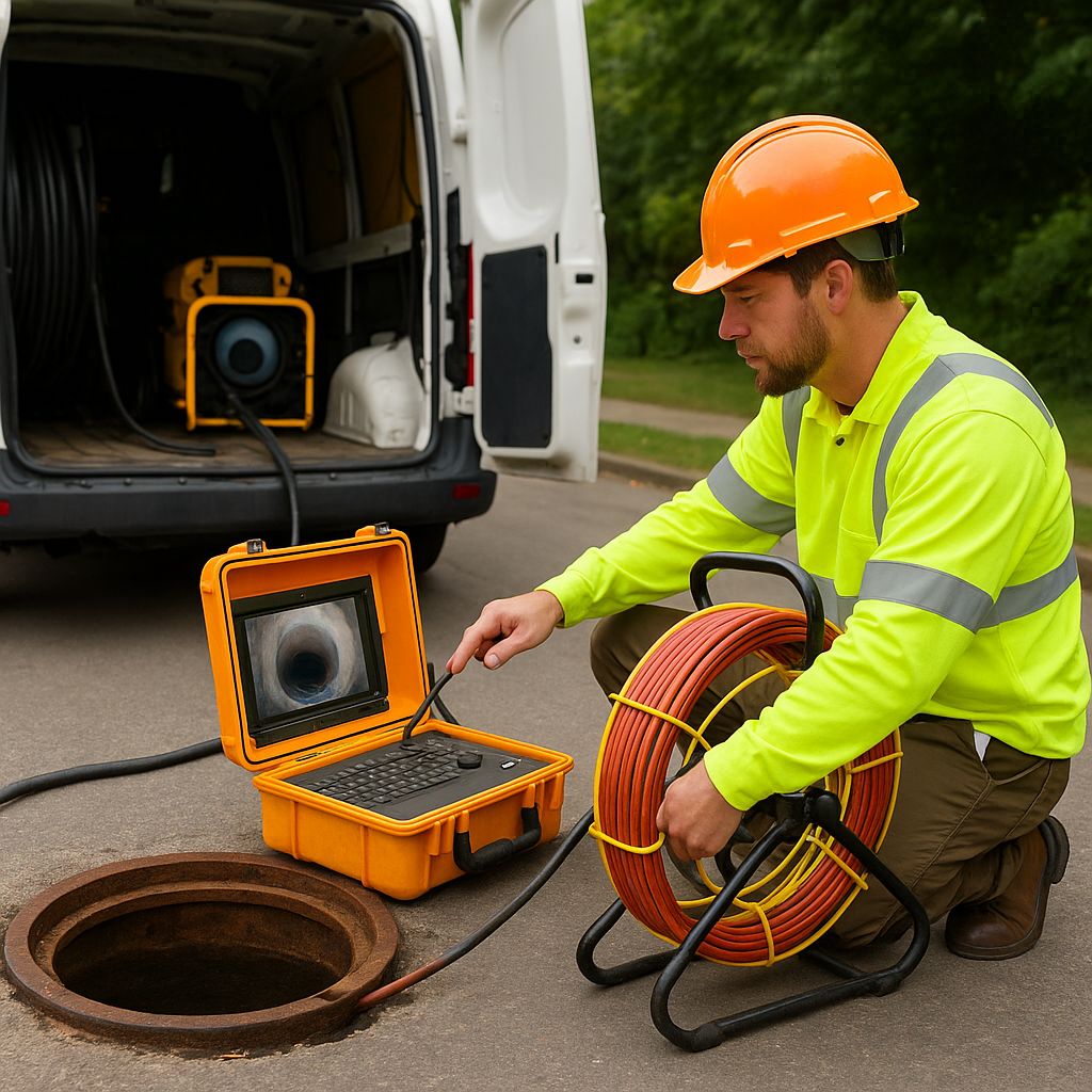 Undergound utility locating using CCTV inspection camera assessing underground drainage lines
