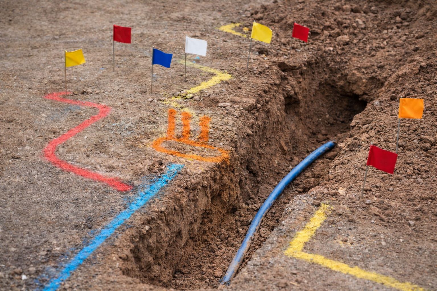 Clear paint and flag markings guiding safe trenching and verification digging