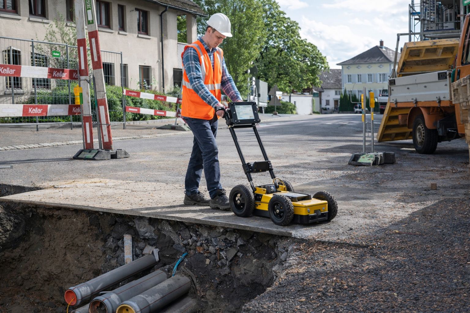 A technician using ground penetrating radar (GPR) to detect underground utilities at a construction site in the Central Coast