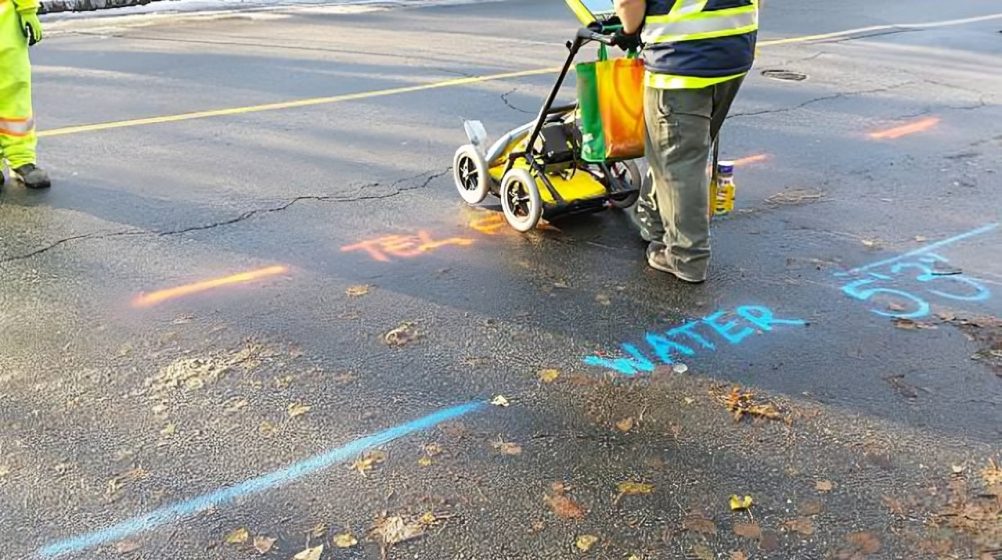 GPR scanning road pavement with marked underground utility locations