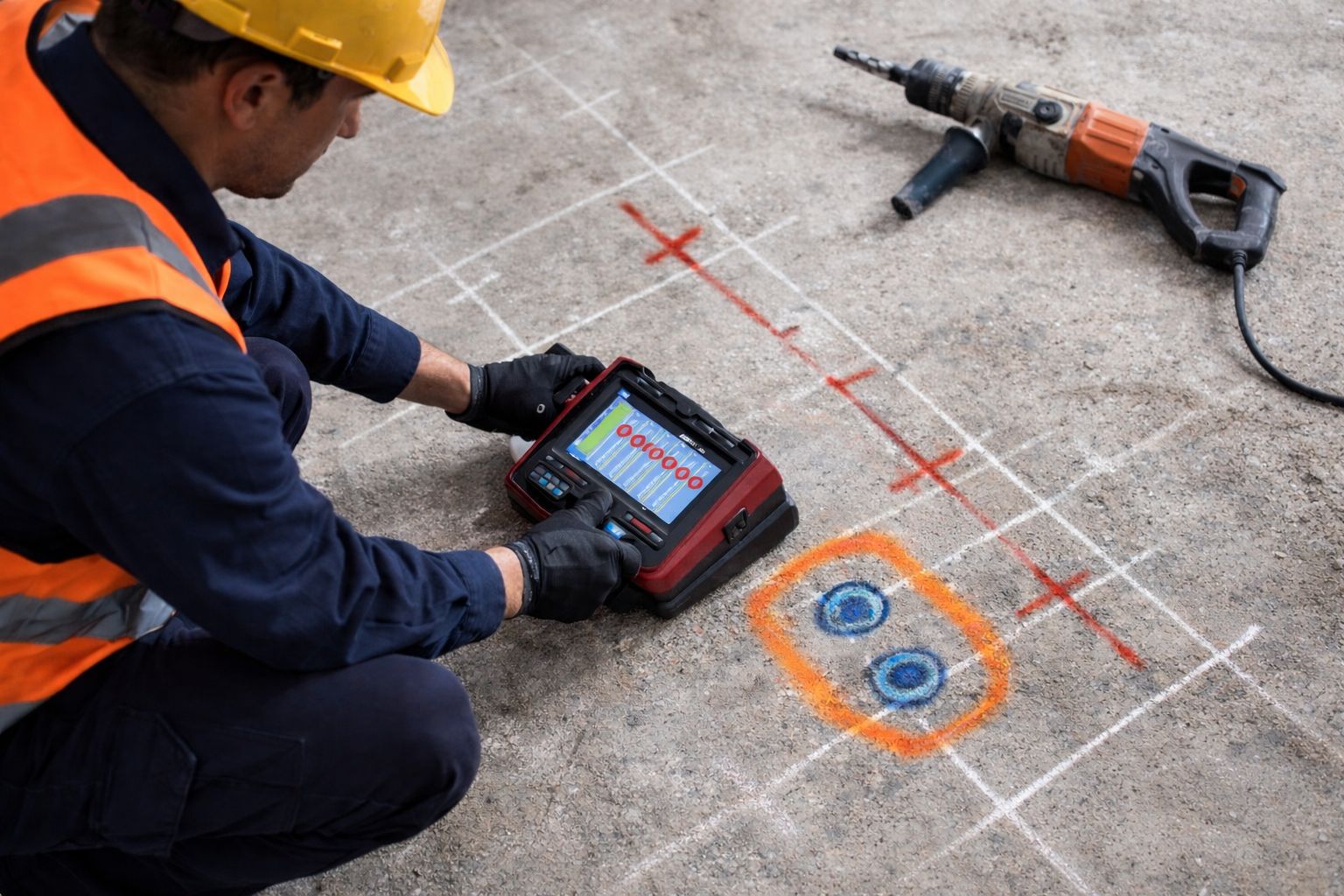 worker in safety gear uses a digital scanner for concrete scanning on marked surface with pipe cable and equipment.